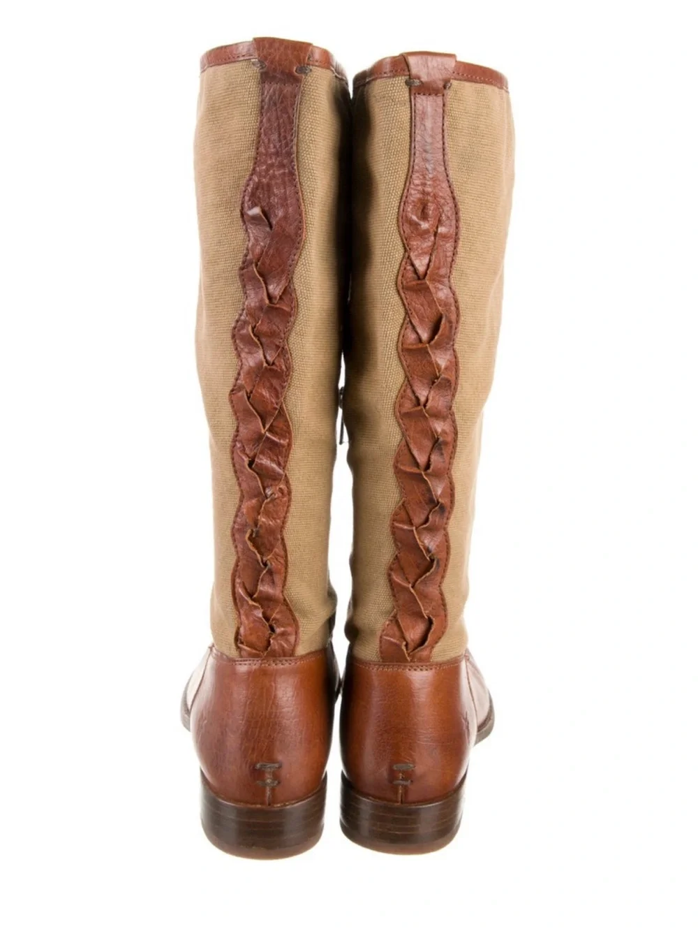 Vintage Frye Brown Leather & Tan Canvas Over-riding boots with braided detail